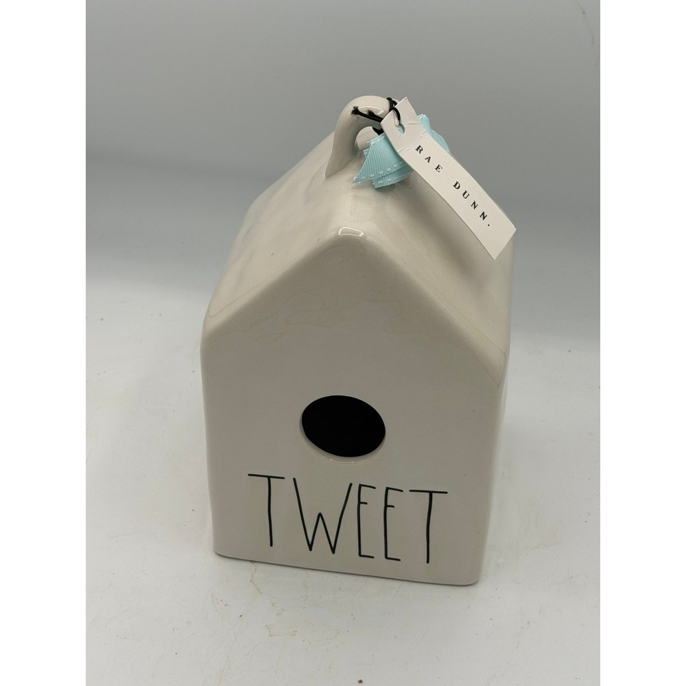 Rae Dunn TWEET Ceramic Birdhouse White Magenta Pastel Blue Ribbon Tag